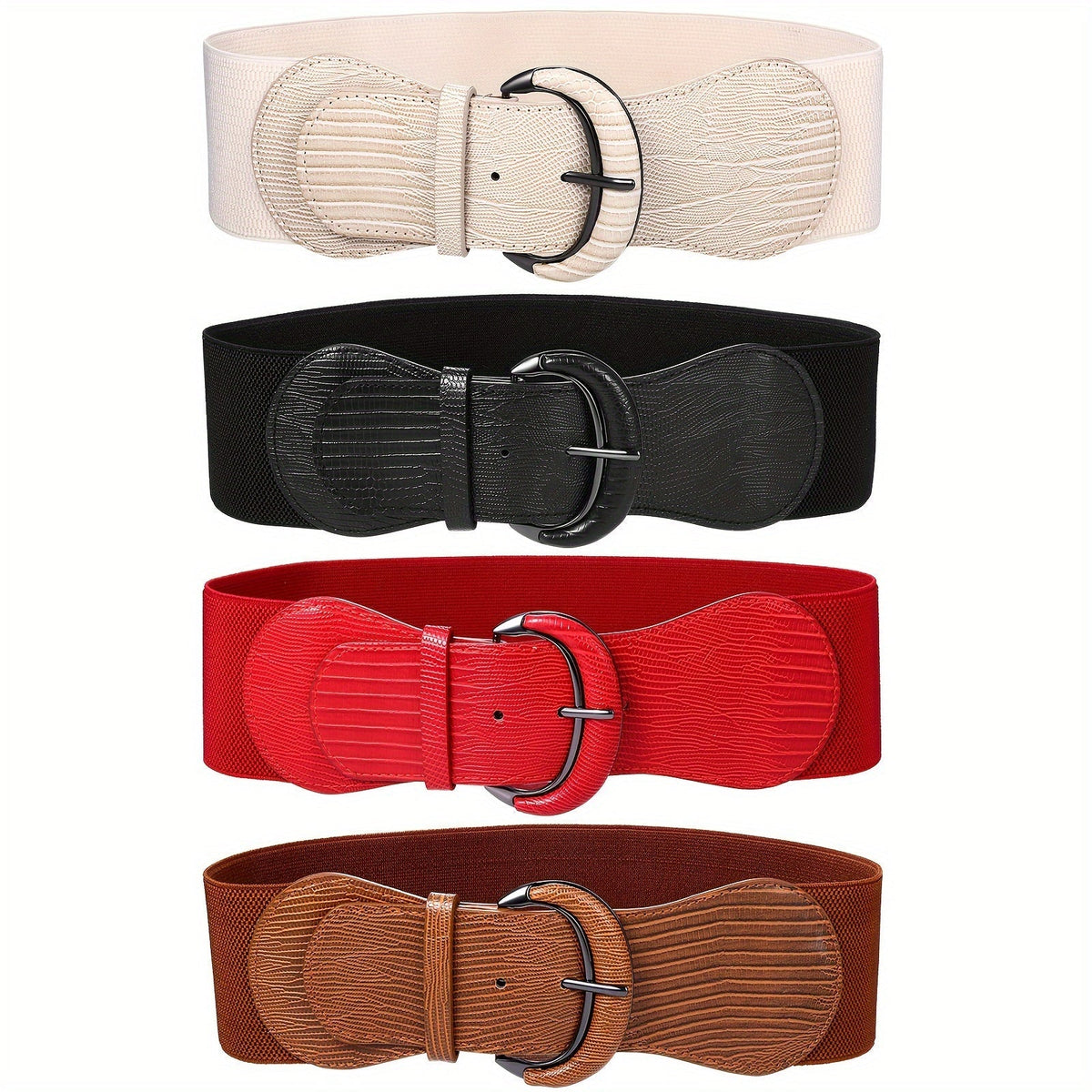 Belt Women’s 4-Piece Leather-Look Elastic Cinch Waist Set, 7.5cm Wide with One-Size Stretch Fit