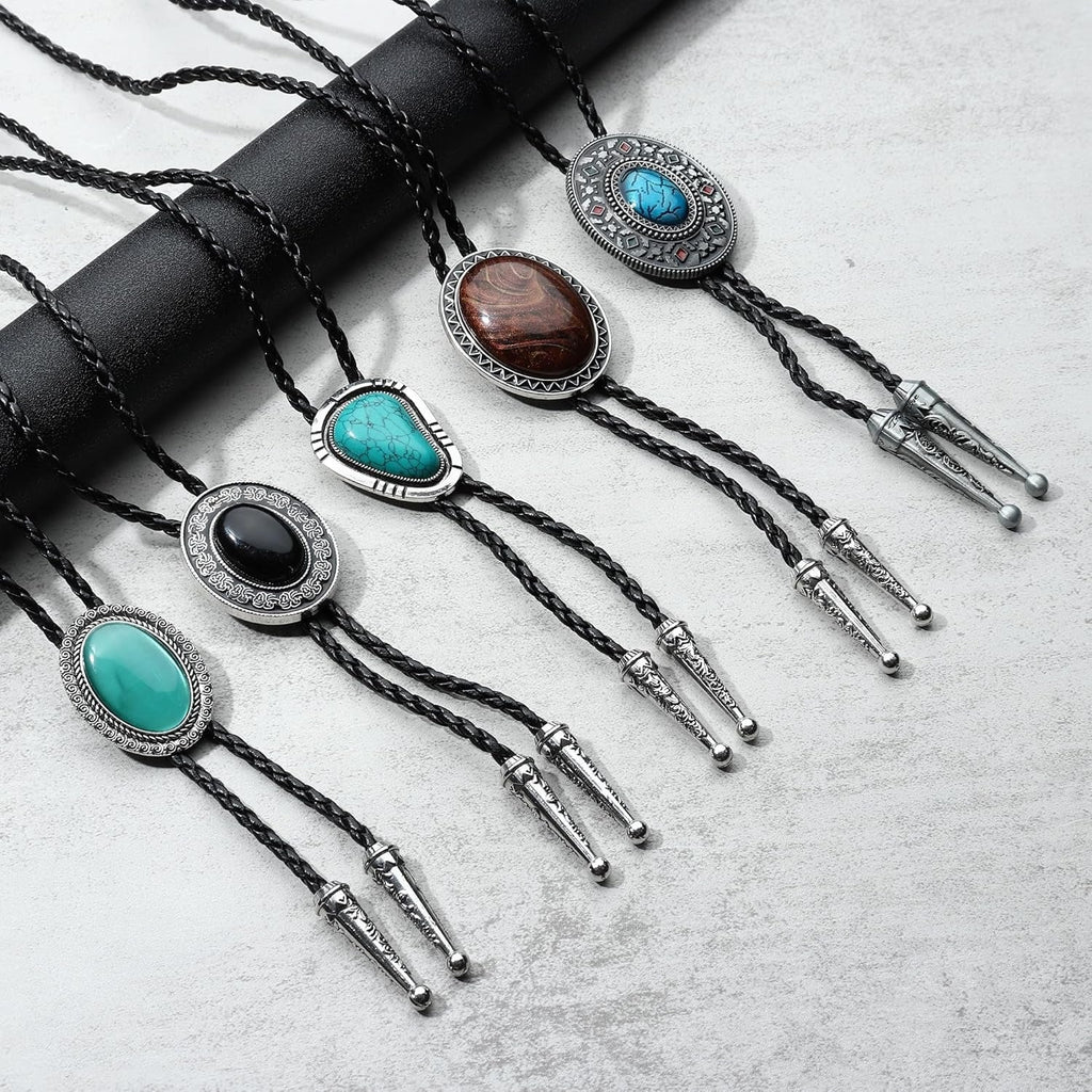 Men's Necktie – Bolo Tie Set 5 Styles Women Hand-Braided Leather Western Cowboy Necktie | Alloy Slide Clip