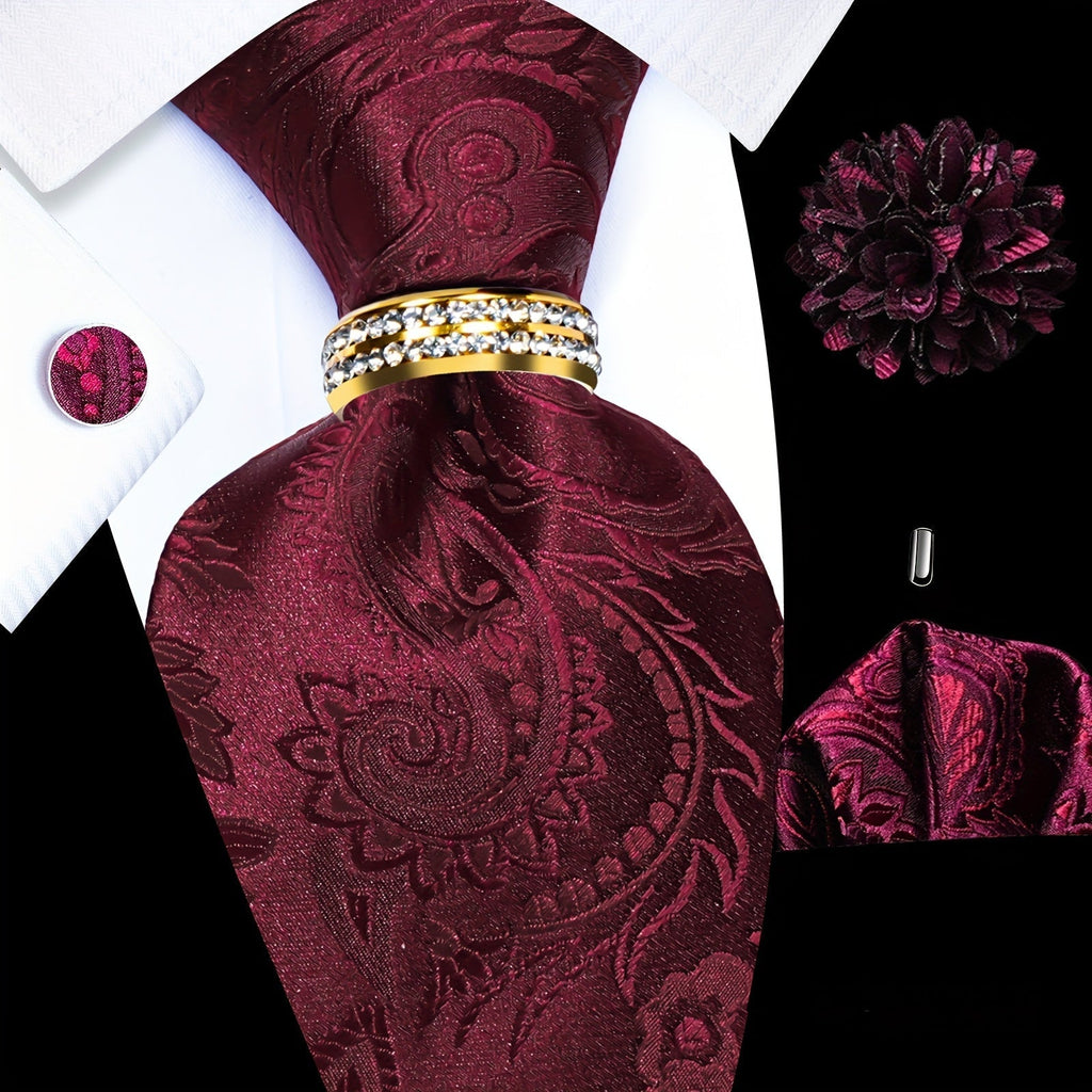 Men's Necktie – Paisley Tie Set 5 Piece Silk Necktie Pocket Square Cufflinks Tie Ring Lapel Pin | Luxury