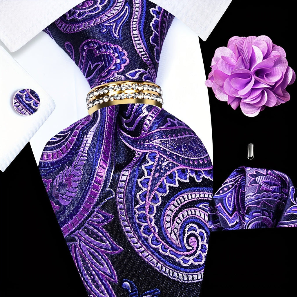 Men's Necktie - Paisley Tie Set for 5 Piece Silk Pocket Square Cufflinks Tie Ring Lapel - product detail view 20