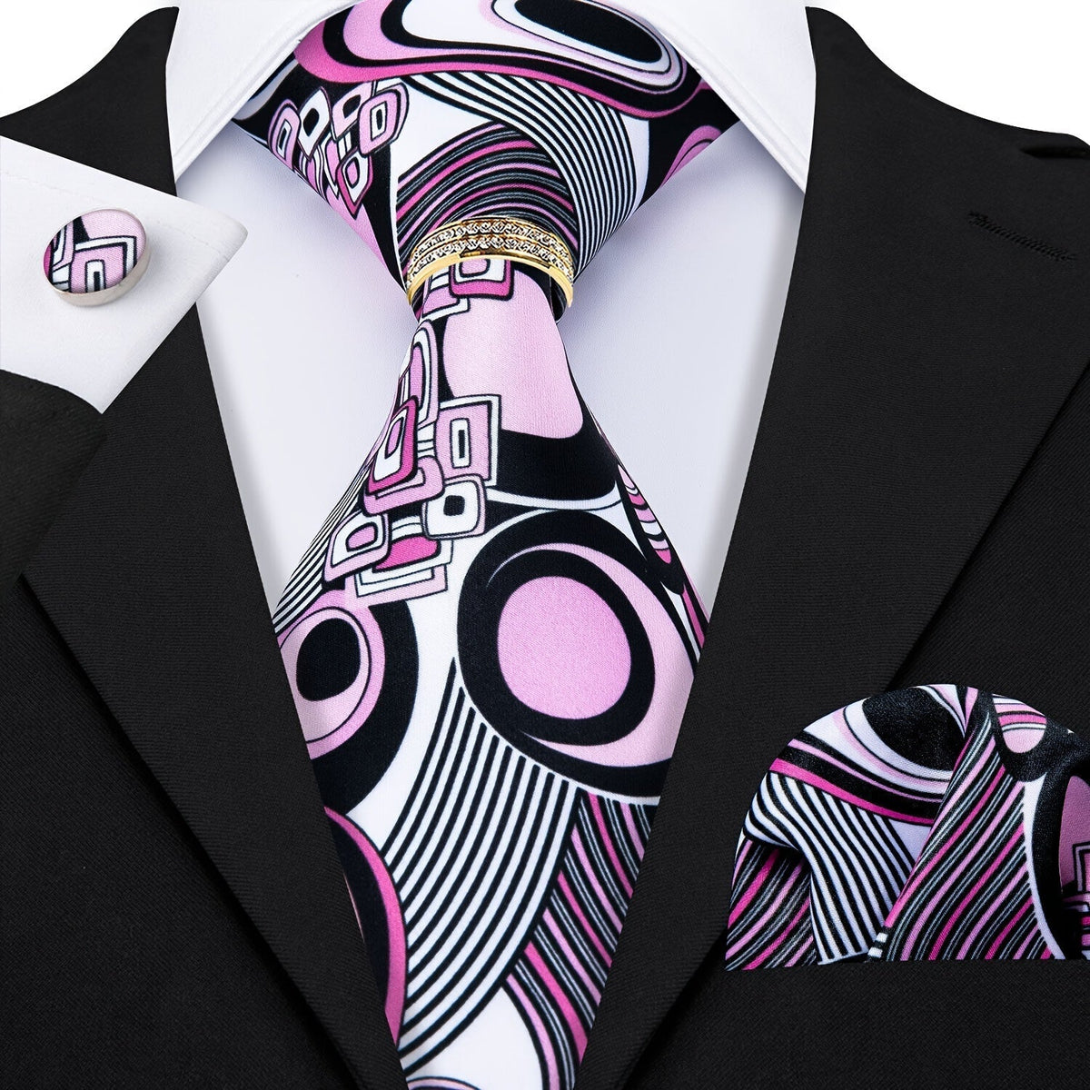 Four-Piece Pink Black White Abstract Necktie and Pocket Square Set with Cufflinks and Decorative Ring