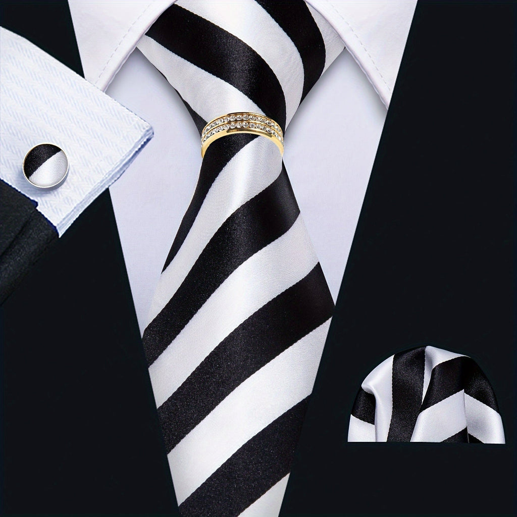 Four-Piece Woven Necktie and Pocket Square Set with Cufflinks, Tie Ring and Six Pattern Options