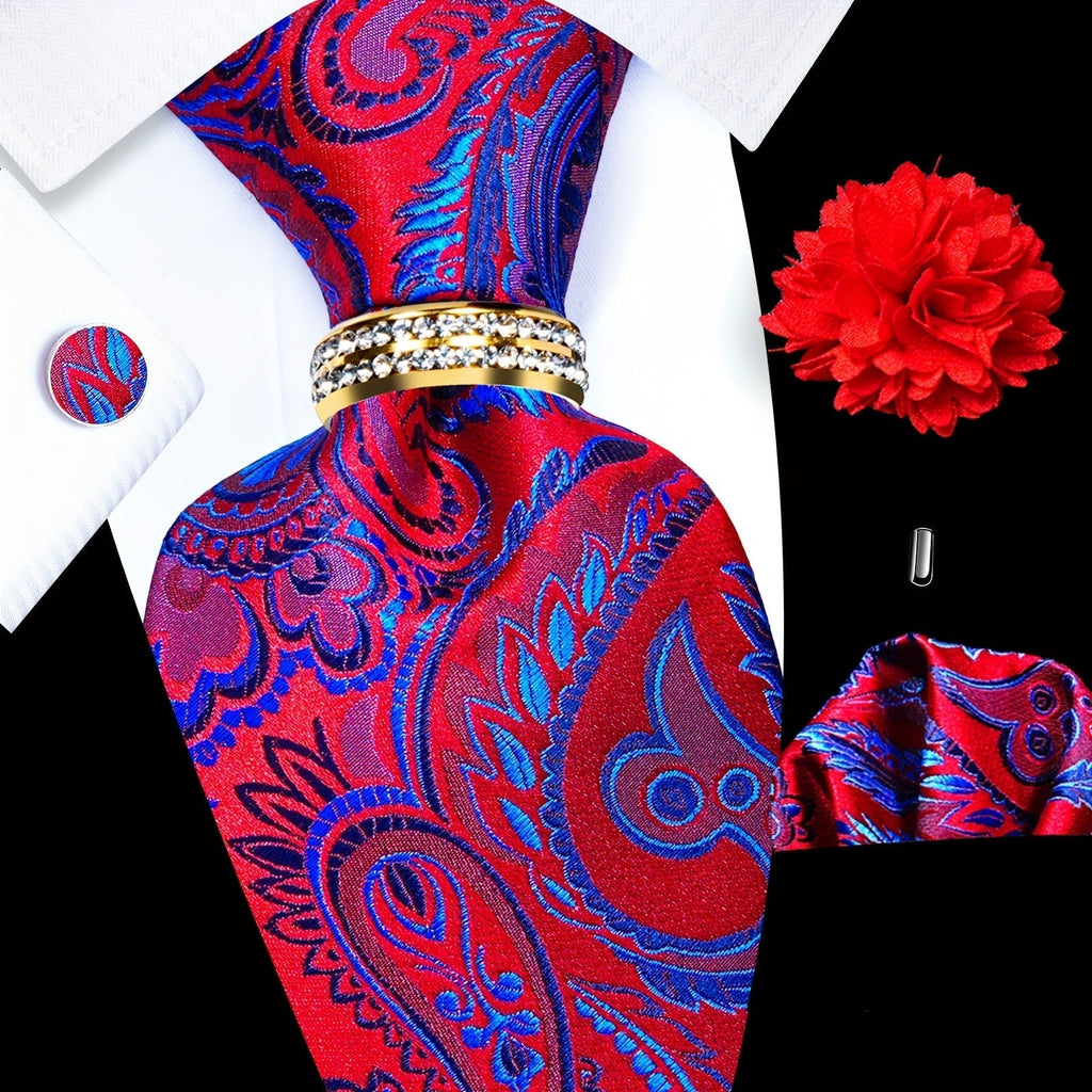 Five-Piece Patterned Necktie and Pocket Square Set with Cufflinks, Tie Ring, Lapel Pin and Six Options