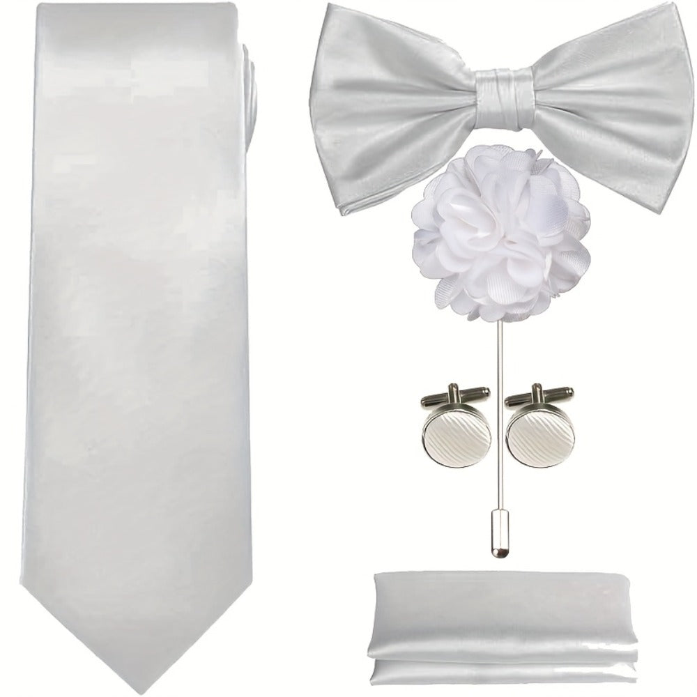 Men's Necktie - Satin Tie Set for 5 Piece Bow Tie Pocket Square Lapel Pin Cuff Links - product detail view 10