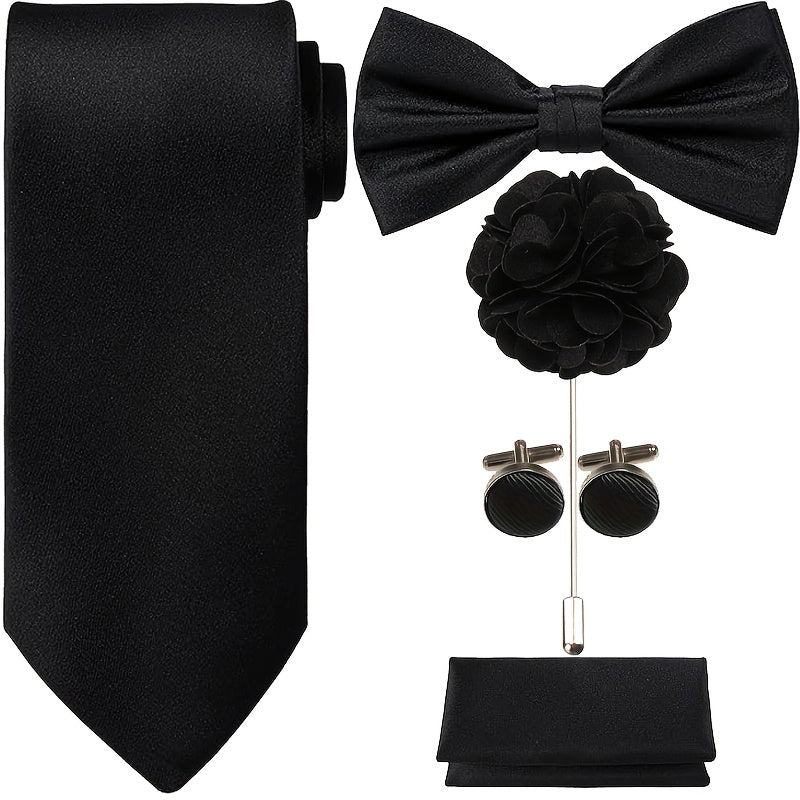 Men's Necktie – Satin Tie Set 5 Piece Necktie Bow Tie Pocket Square Lapel Pin Cuff Links | Solid Color Formal