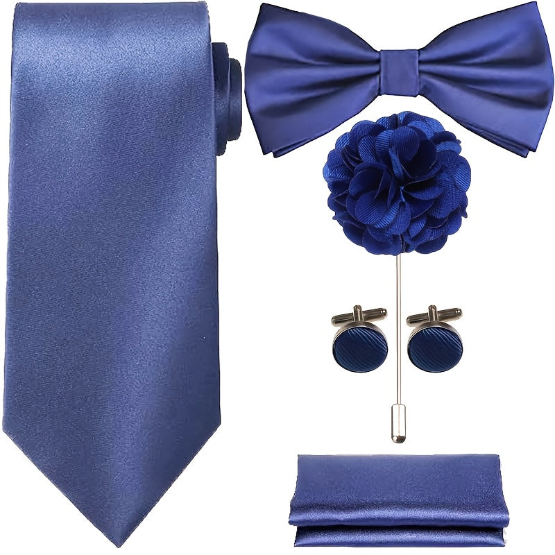 Men's Necktie - Satin Tie Set for 5 Piece Bow Tie Pocket Square Lapel Pin Cuff Links - product detail view 16