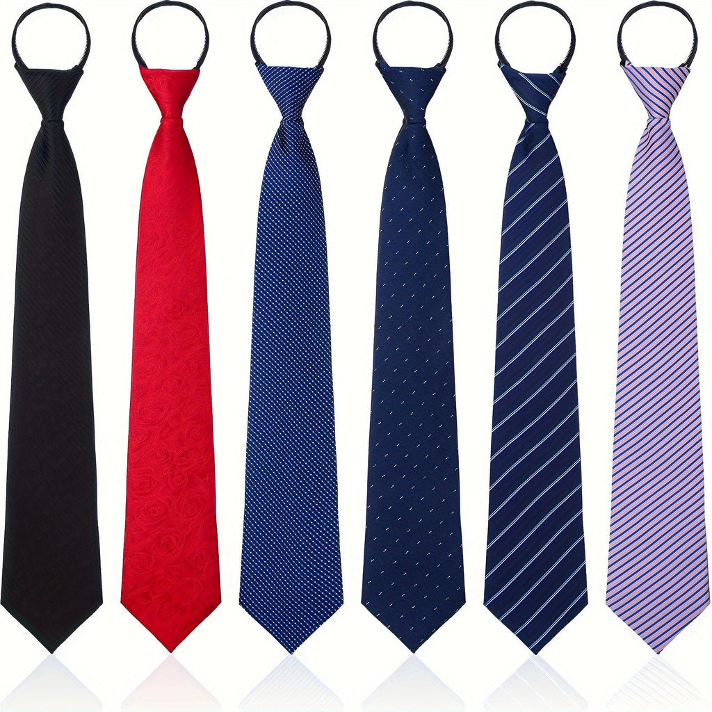 Six-Pack Pre-Tied Zipper Necktie Set in Assorted Solid, Dotted and Striped Polyester Styles