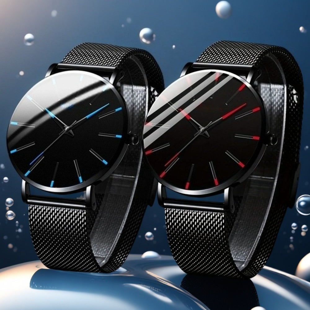 Watches 2-Piece Business-Casual Quartz Set with Minimal Black Dials and Blue-Red Strap Pair