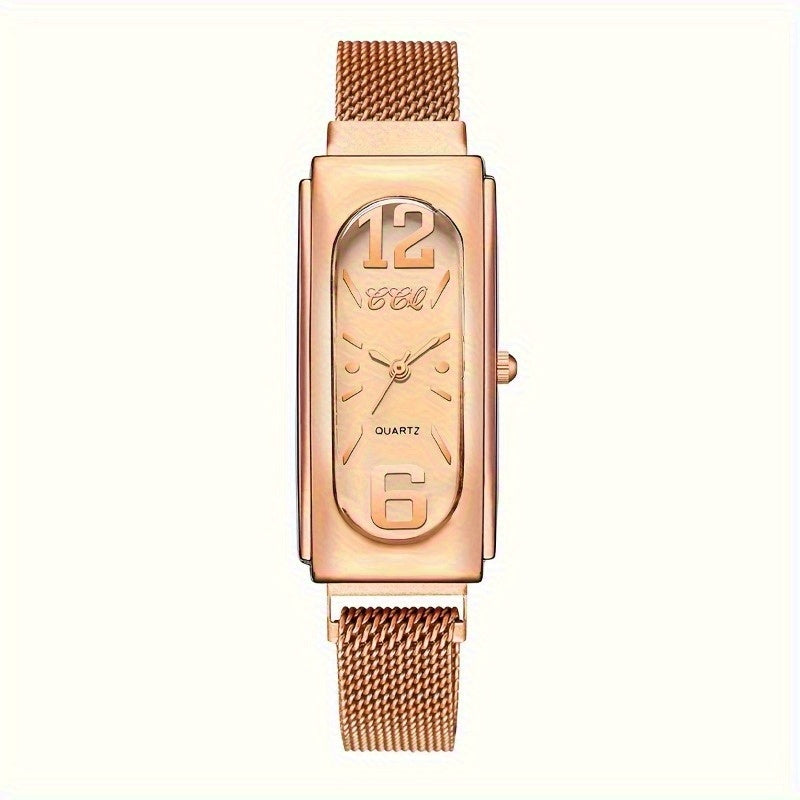 Slim Rectangular Women's Watch with Rose-Tone Mesh Band and White or Black Analog Dial Options
