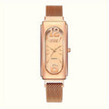 Slim Rectangular Women's Watch with Rose-Tone Mesh Band and White or Black Analog Dial Options