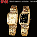 Two-Piece Gold-Tone Rectangular Quartz Watch Set with White and Black Dials and Matching Link Bands