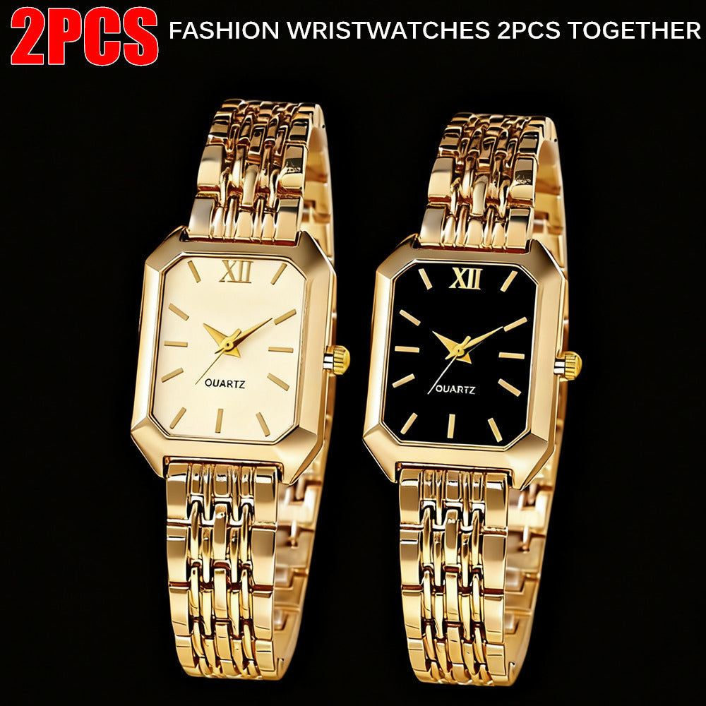 Two-Piece Gold-Tone Rectangular Quartz Watch Set with White and Black Dials and Matching Link Bands