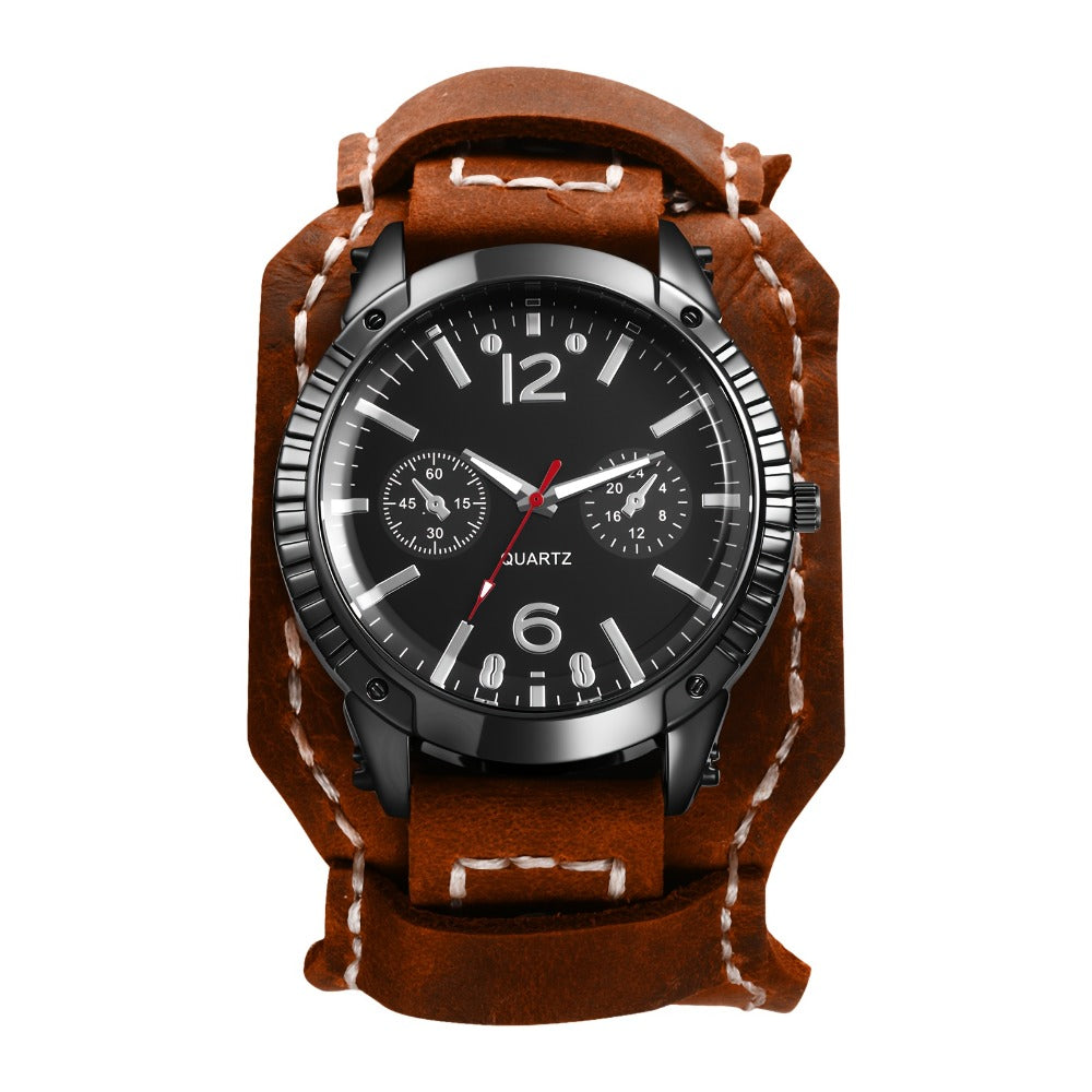 Men's Quartz Watch - Gothic Punk Leather Cuff Wristwatch for Wide Genuine Leather Band - product detail view 13