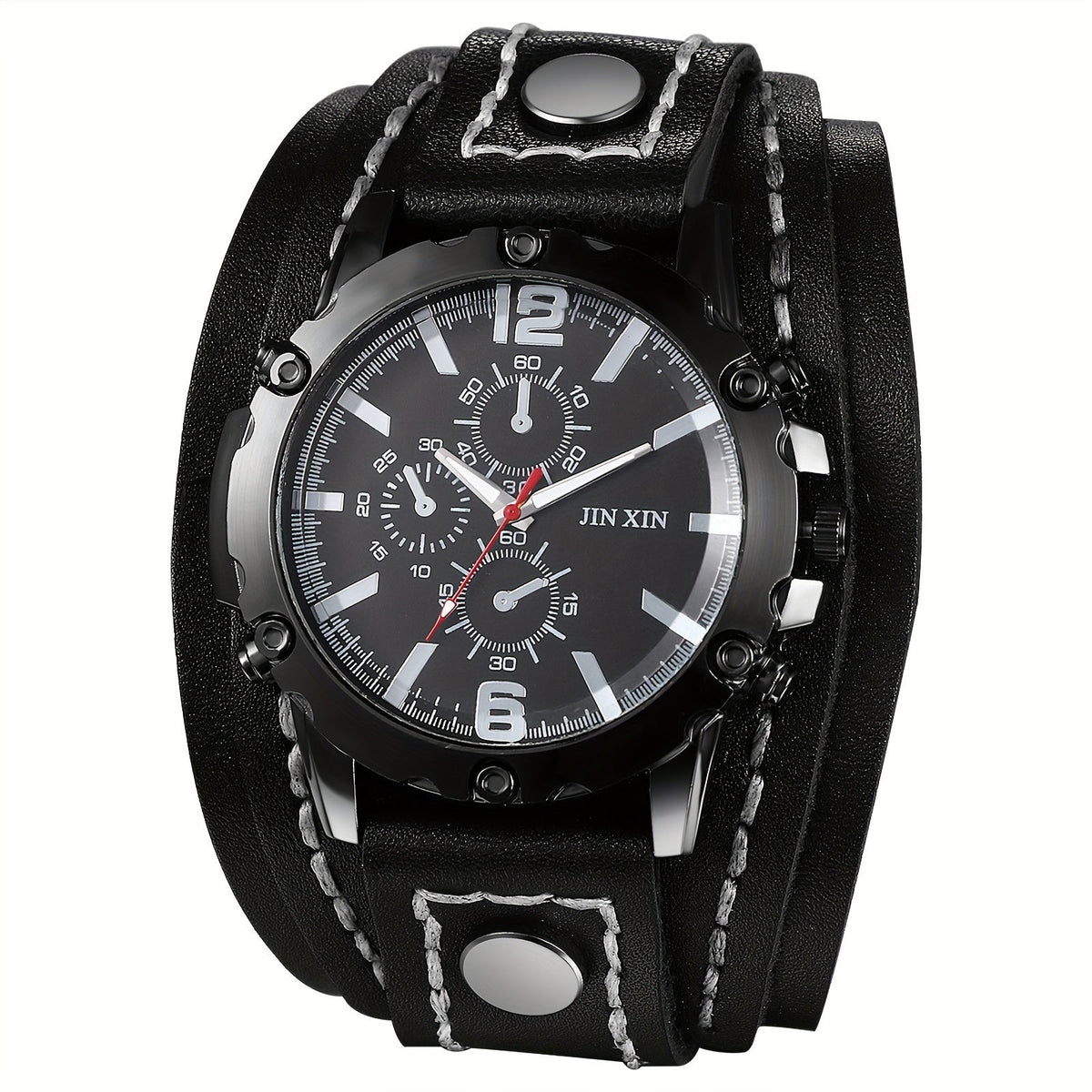 Men's Quartz Watch - Gothic Punk Leather Cuff Wristwatch for Wide Genuine Leather Band - product detail view 15