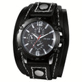 Gothic Punk Quartz Watch with Wide Genuine Leather Cuff Band in Ten Color and Style Options for Men