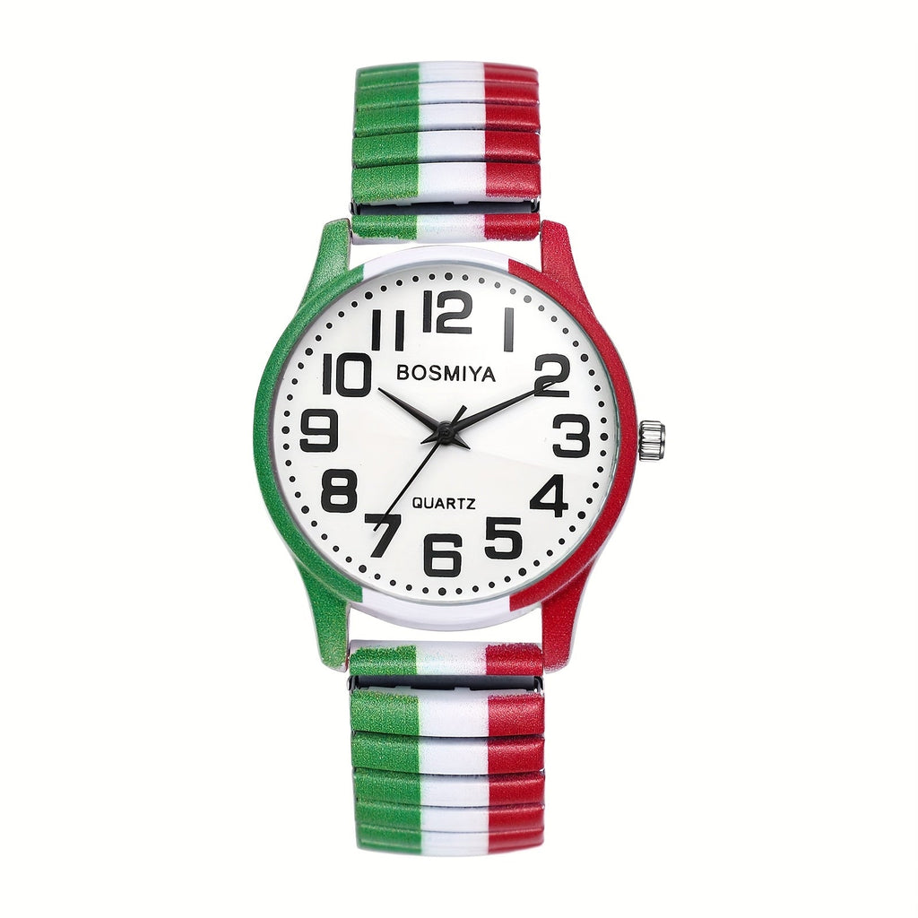 Quartz Watch with Italian Flag Dial, Large Arabic Numerals and Stainless Steel Stretch Band