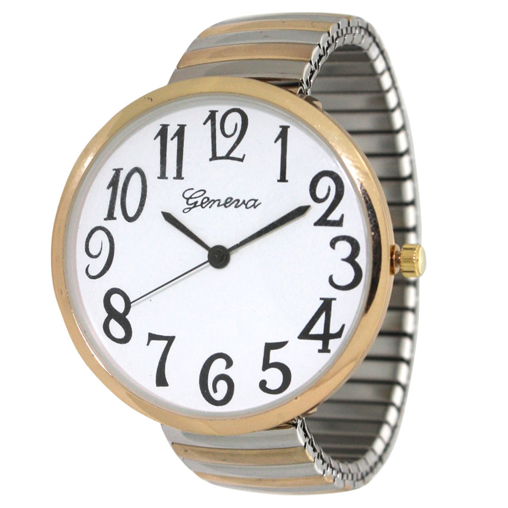 Women's Watch Large-Face Quartz Analog with Shiny Two-Tone Stretch Band and Oversized Dial