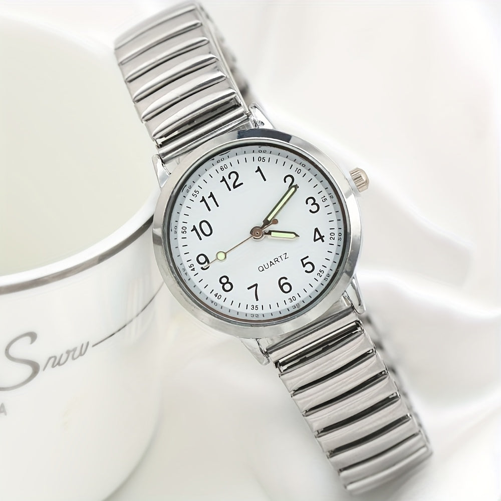 Women's Watch with Luminous Analog Dial and Stretch Metal Band in Four Silver or Gold Combinations