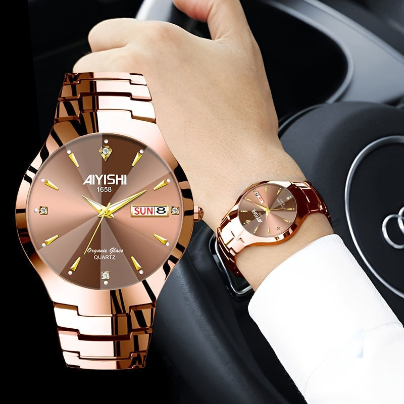 Men's Watch AIYISHI Quartz Analog Dial with Double-Date Display, Luminous Markers and Coffee-Gold Metal Band