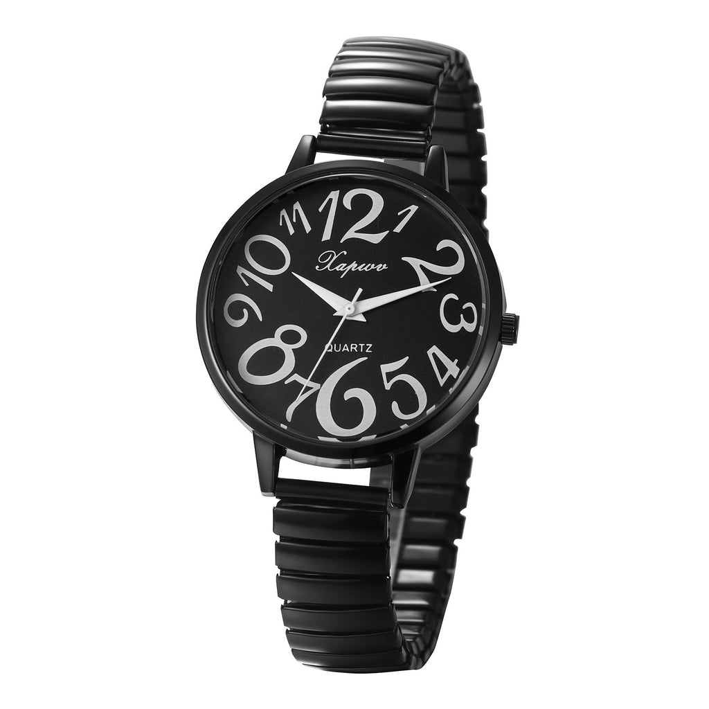 Quartz Watch with Large Arabic Numerals, Stretch Bracelet and 6 Black, Silver or Bright Colors
