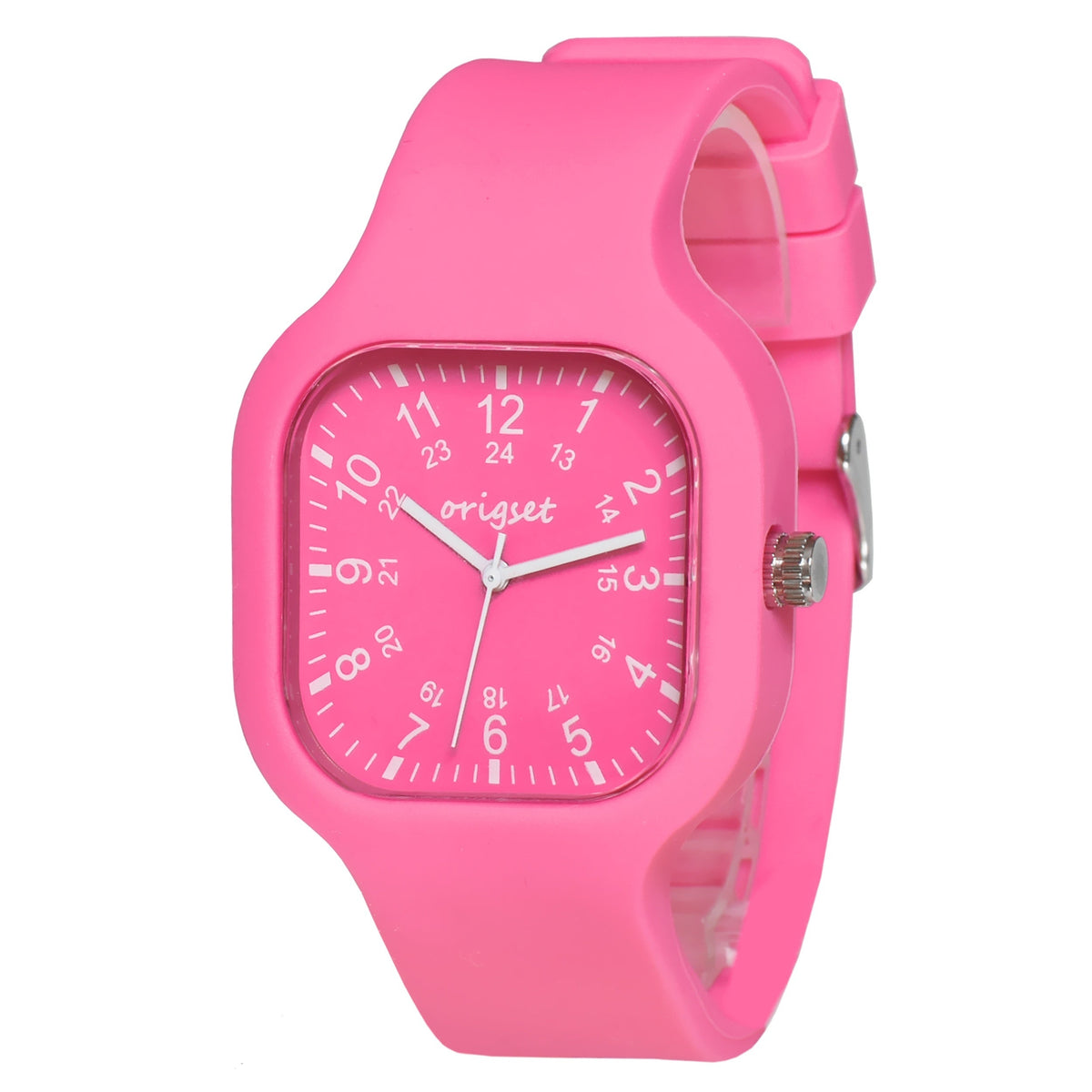Quartz Watch by Origset for Nurses with Hot-Pink Silicone Band, 24-Hour Dial and Sweeping Seconds