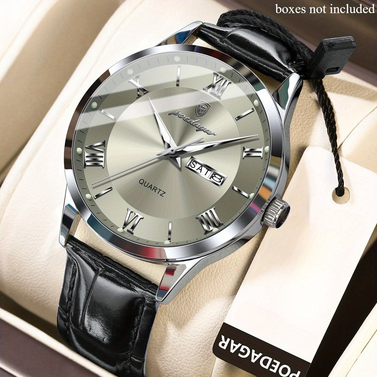 Watch for Men POEDAGAR 978P Quartz Timepiece with Resistance, Date & PU Leather Band for Daily Wear