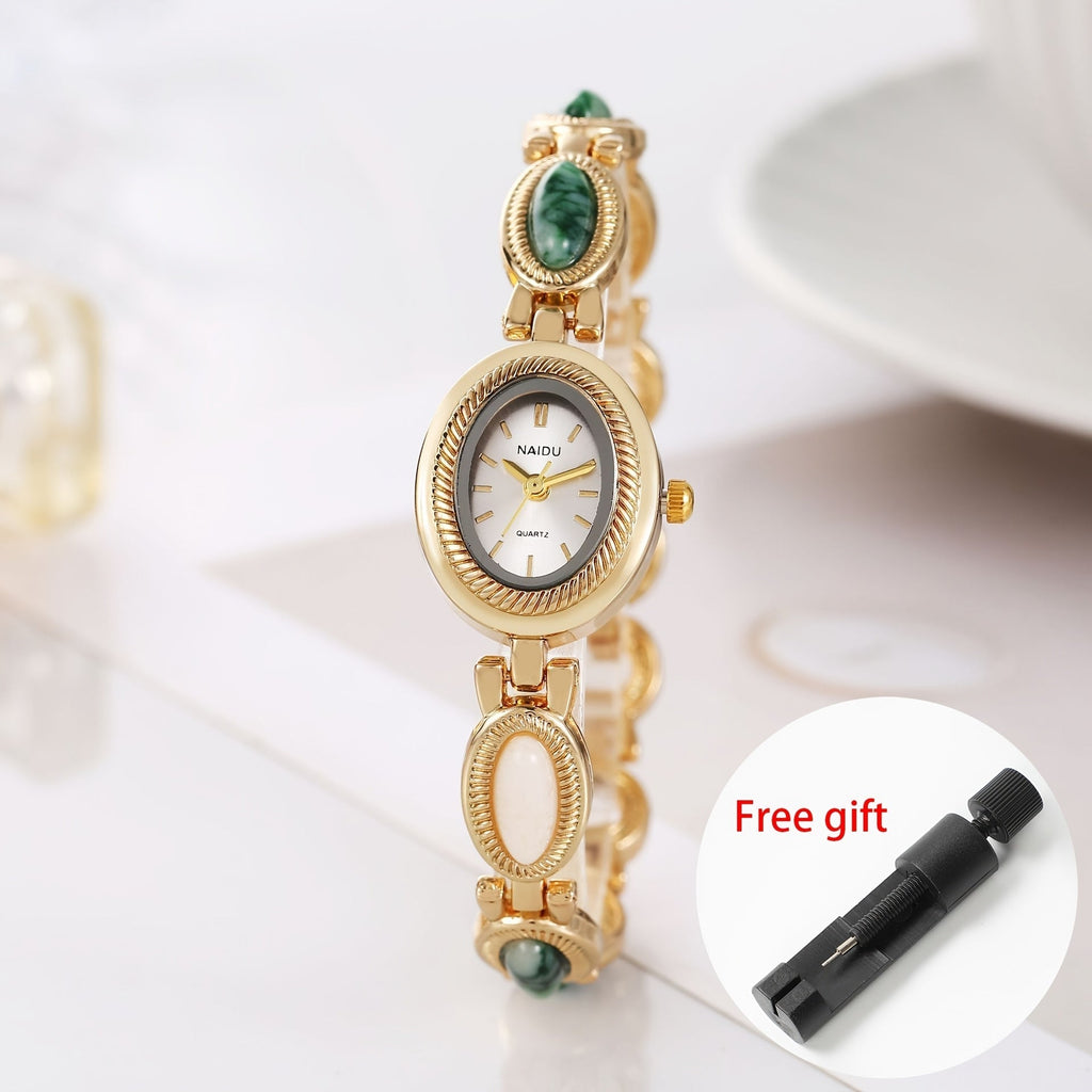 Women's Watch Retro Oval Bracelet with Quartz Dial, Colored Stones and Adjustment Tool in Five Colors