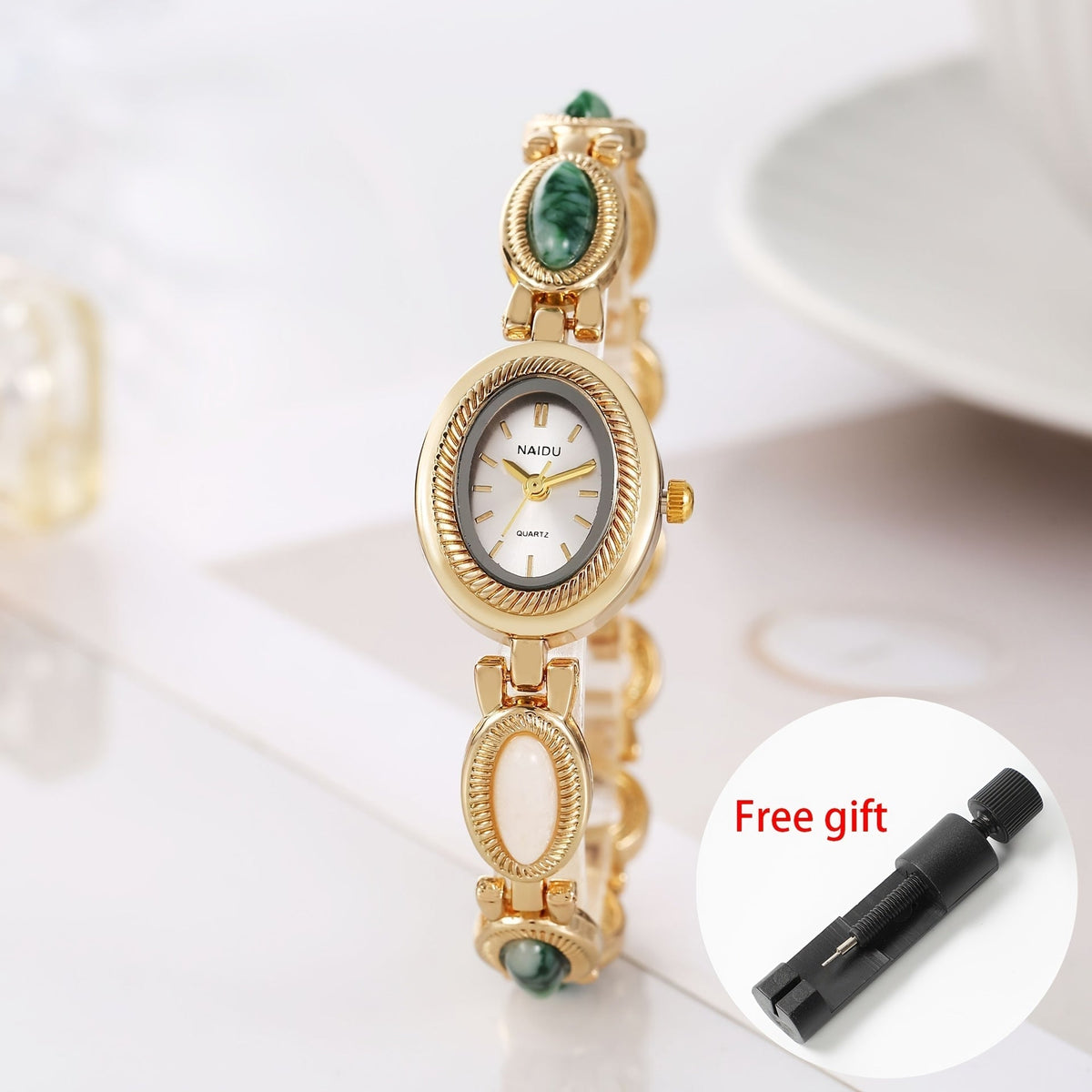 Women's Watch Retro Oval Bracelet with Quartz Dial, Colored Stones and Adjustment Tool in Five Colors