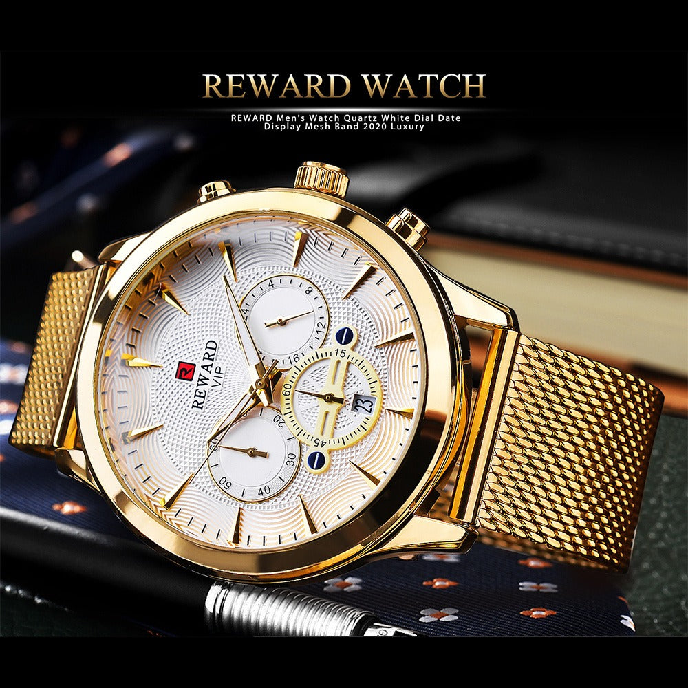 Men's Quartz Watch - REWARD 's Chronograph Luminous Stainless Steel Strap, Date Display, Gold & - product detail view 3