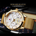 REWARD Men's Quartz Watch with White Multi-Register Dial, Date Window and Gold-Tone Mesh Metal Band