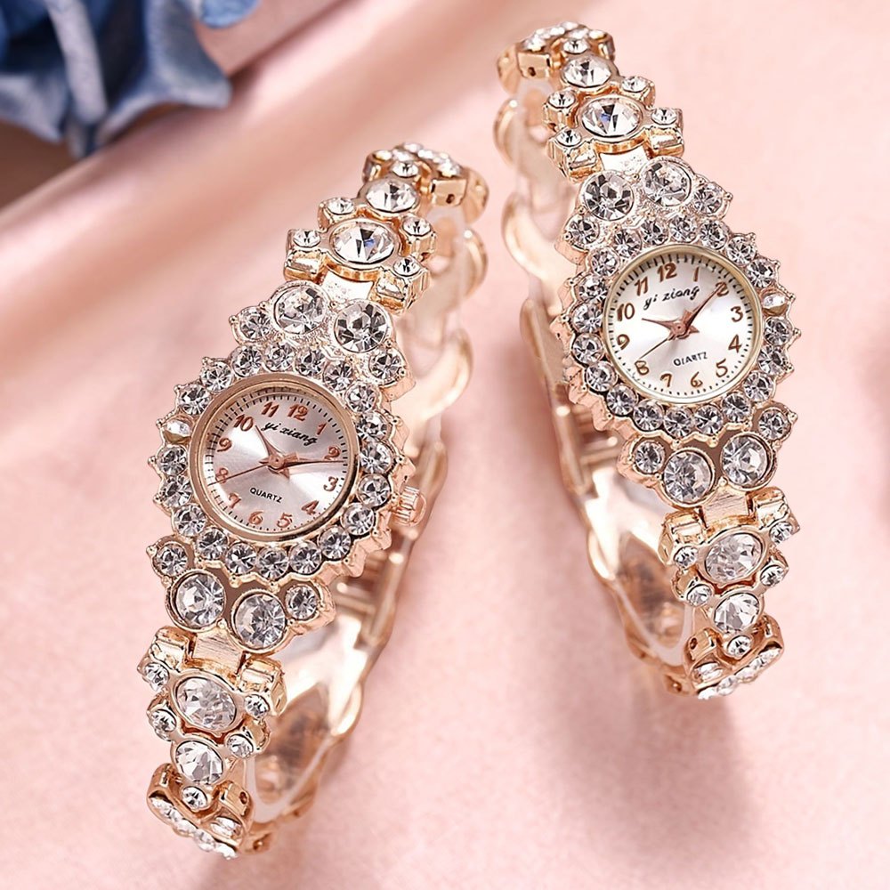 Watches 2-Piece Rhinestone Bangle Set with Glitter Bezels and Rose Gold, Silver or Gold Finish