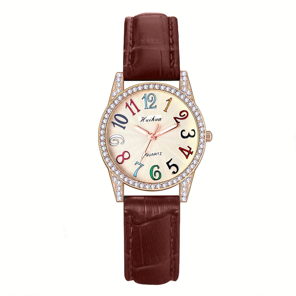 Women's Quartz Watch - Rhinestone Dial for Girls Colorful Arabic Numerals PU Leather Band - product detail view 12