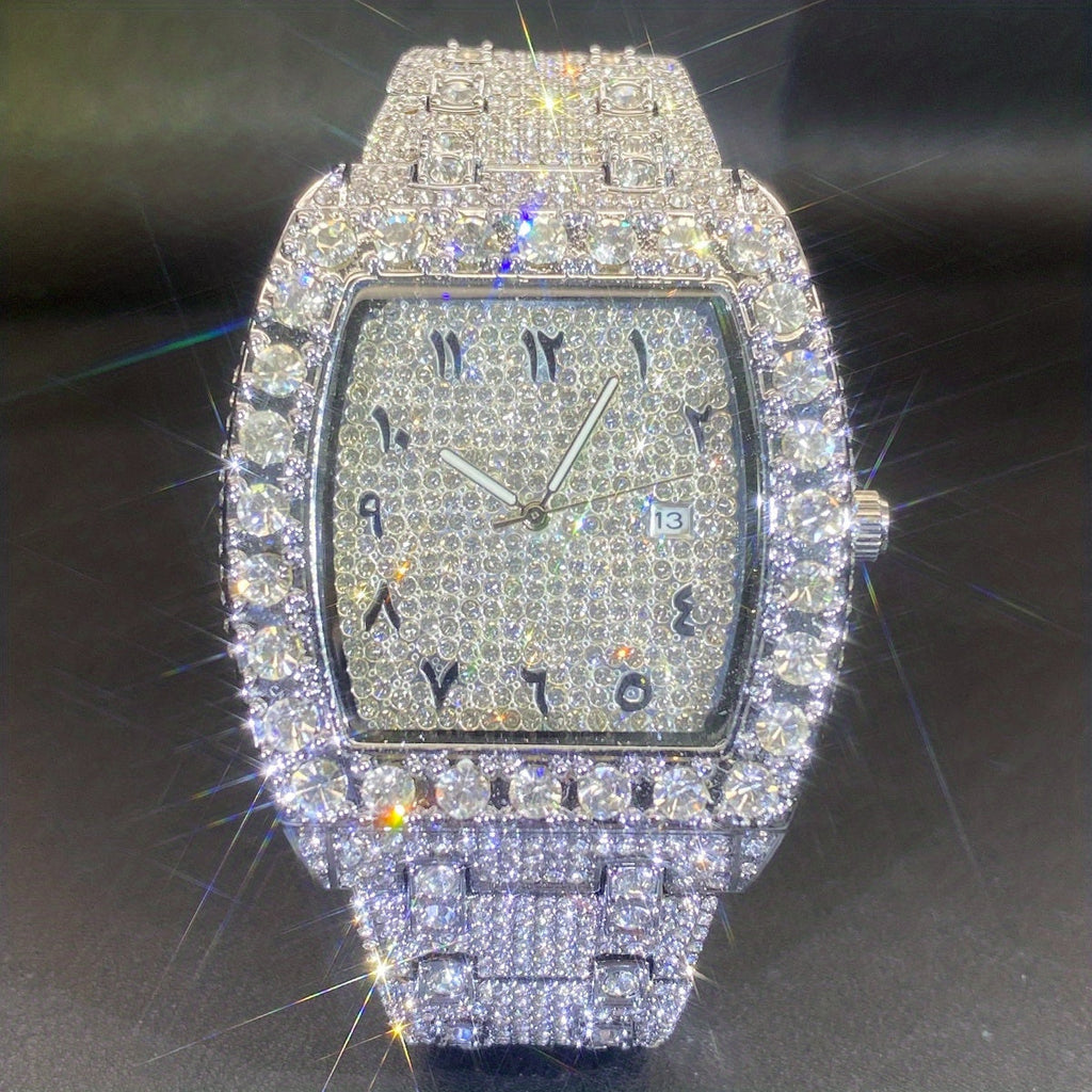 Unisex Watch Iced-Out Tonneau Analog with Rhinestone Case and Bracelet in Three Finishes for Party Wear