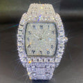 Unisex Watch Iced-Out Tonneau Analog with Rhinestone Case and Bracelet in Three Finishes for Party Wear