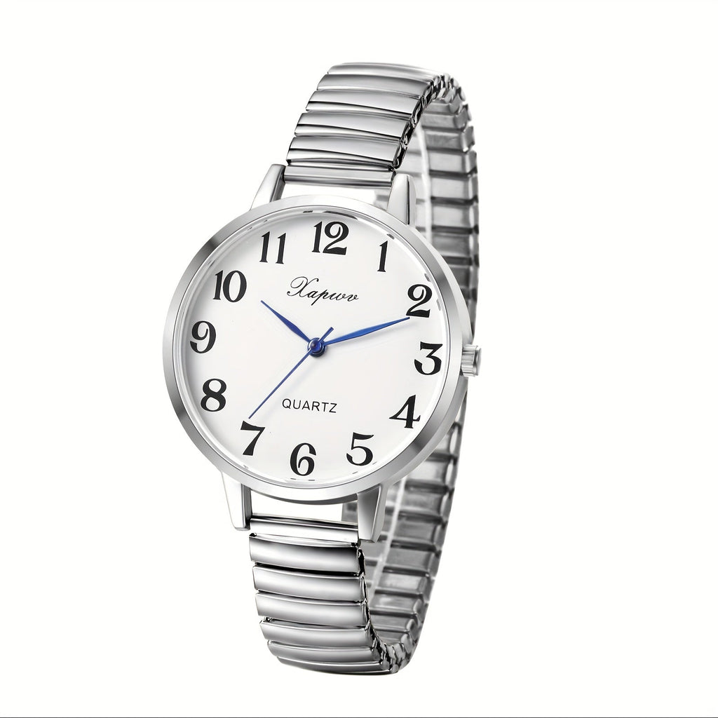 Quartz Watch with Large Arabic Numeral Dial, Round Case and Stretch Band in 2 Classic Colors
