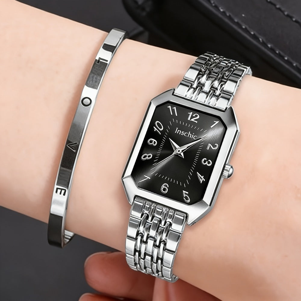 Women's Quartz Watch - 's & Bangle Set 2pcs Vintage Rectangular Dial with Trendy Open Bangle - product detail view 8