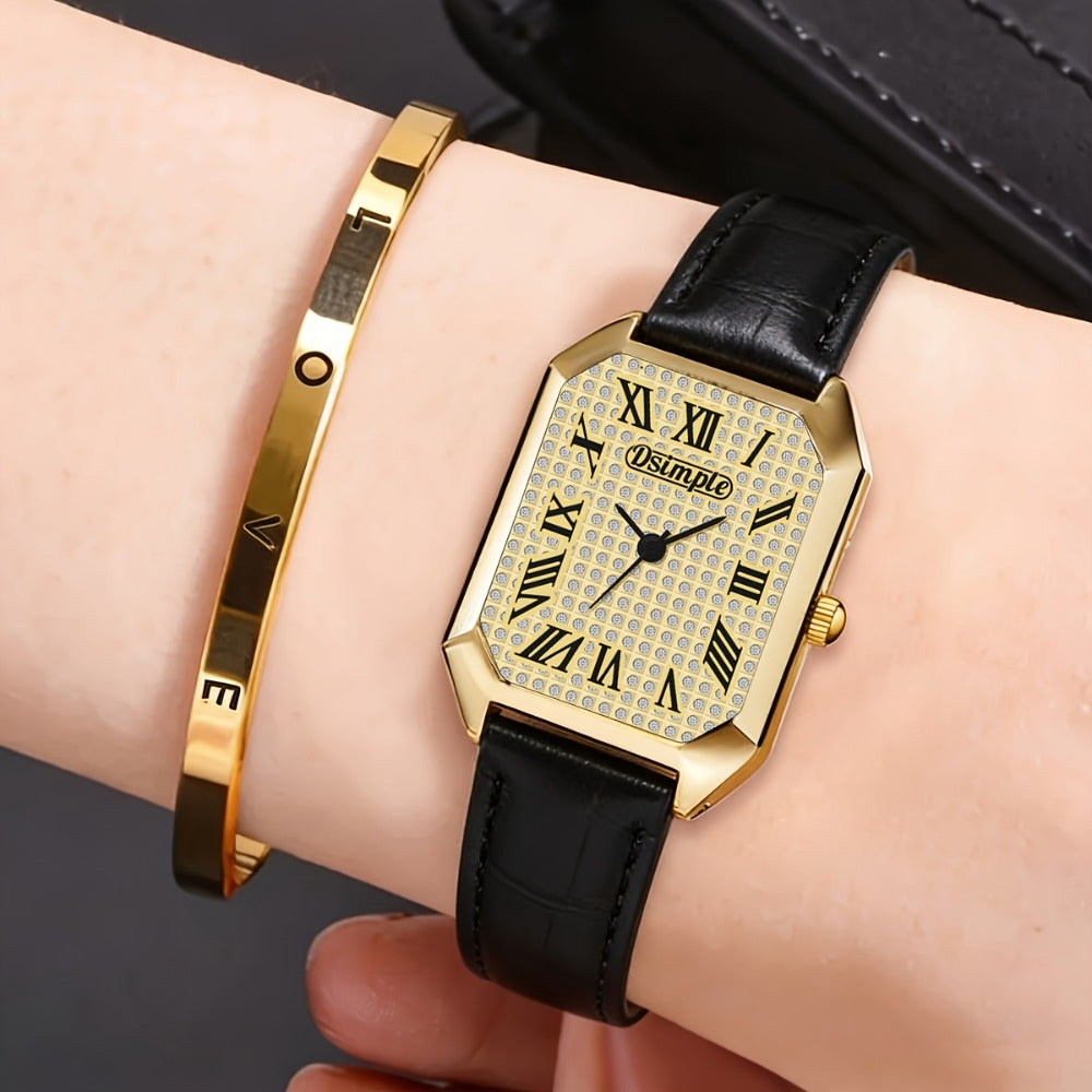 Women's Quartz Watch - 's & Bangle Set 2pcs Vintage Rectangular Dial with Trendy Open Bangle - product detail view 16