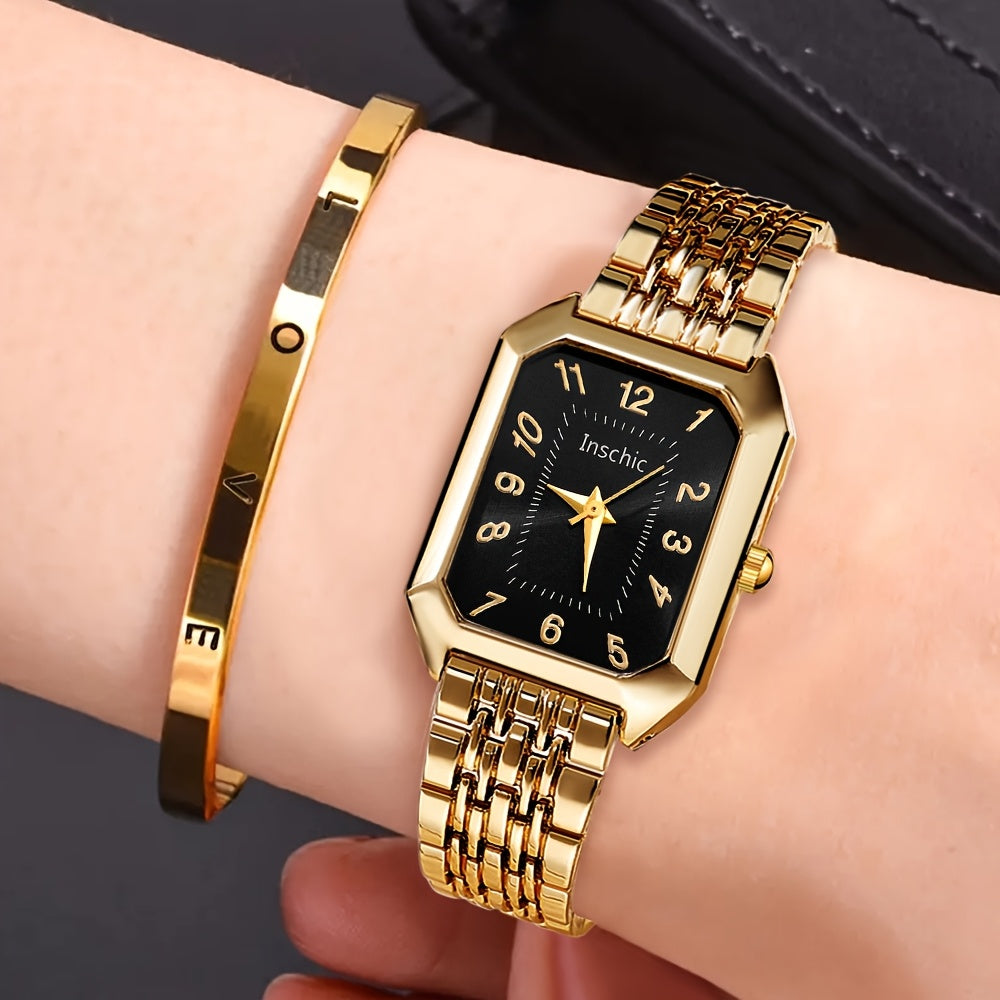 2-Piece Rectangular Quartz Watch and Open Bangle Set in Thirteen Gold, Silver or Black Color Styles