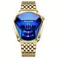 Men's Quartz Dress Watch with Blue Rhinestone Dial and Steel Band in Gold or Black for Business Outfits