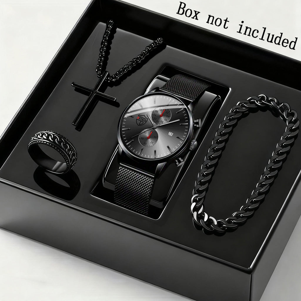 Men's Quartz Watch - 's & Bracelet Gift Set 4-Piece Stainless Steel Date , Necklace & Bracelet - product detail view 7