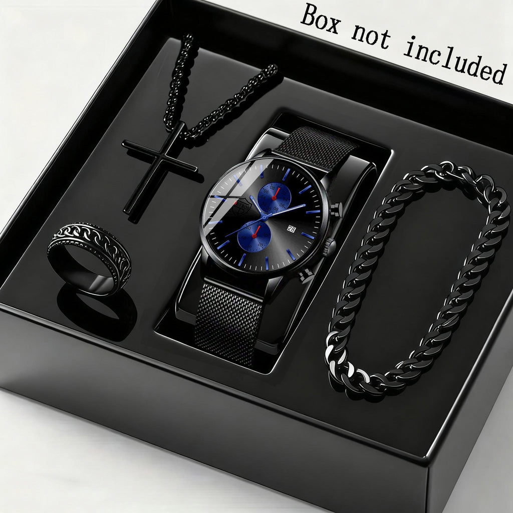 Men's Quartz Watch - 's & Bracelet Gift Set 4-Piece Stainless Steel Date , Necklace & Bracelet - product detail view 8