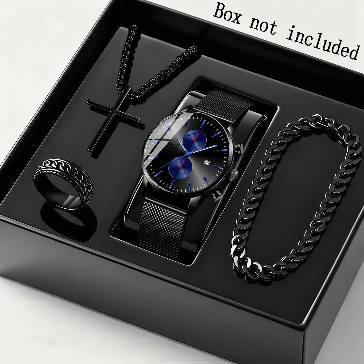 Men's Quartz Watch - 's & Bracelet Gift Set 4-Piece Stainless Steel Date , Necklace & Bracelet - product detail view 8