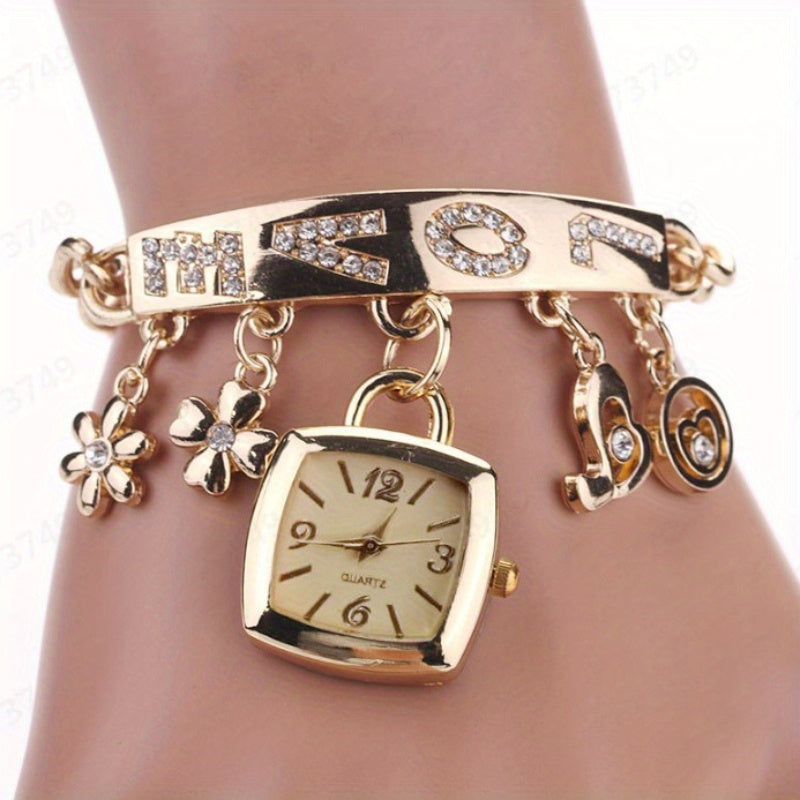 Women's Quartz Watch - 's Bracelet LOVE Roman Numeral Square Dial Flower Decor Dress Ladies - product detail view 12