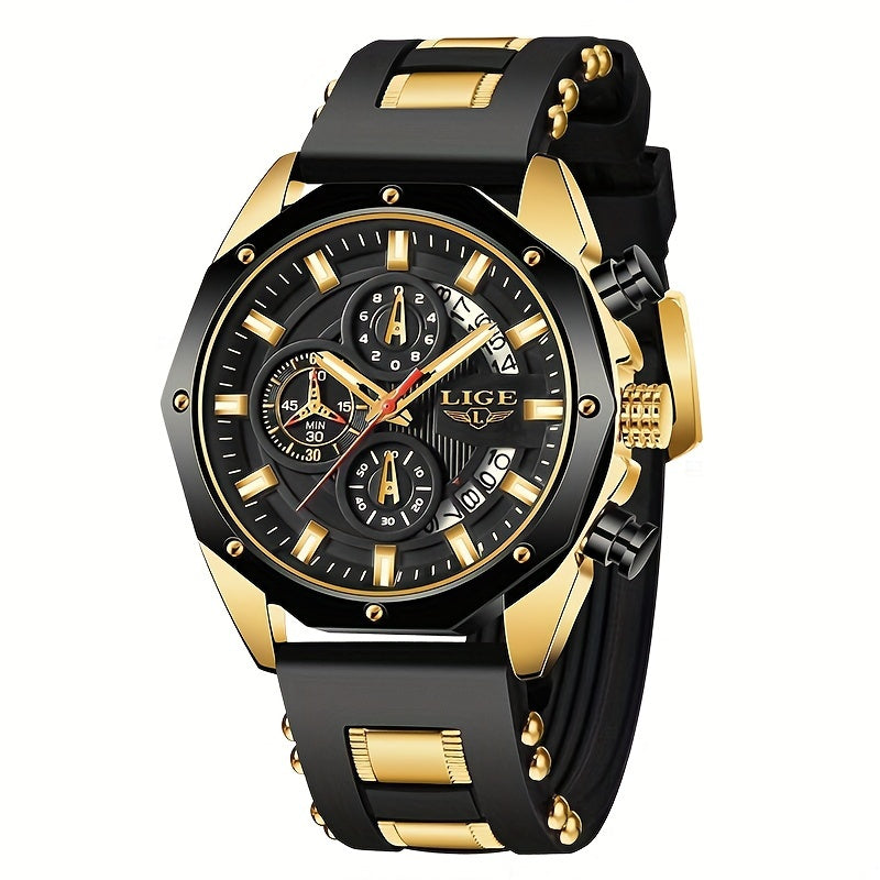 Quartz Watch with Chronograph Stopwatch, Luminous Dial, Calendar and 6 Sport Color Combinations