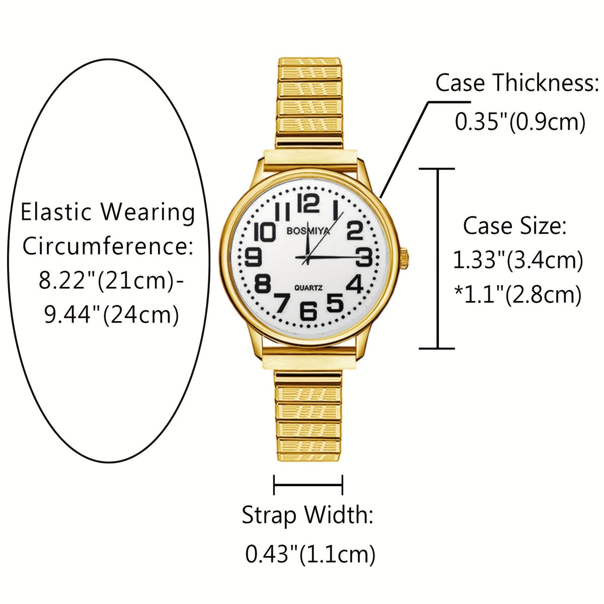 Expandable Bracelet Women's Watch with Large Numeral Analog Dial and Five Band Size Options