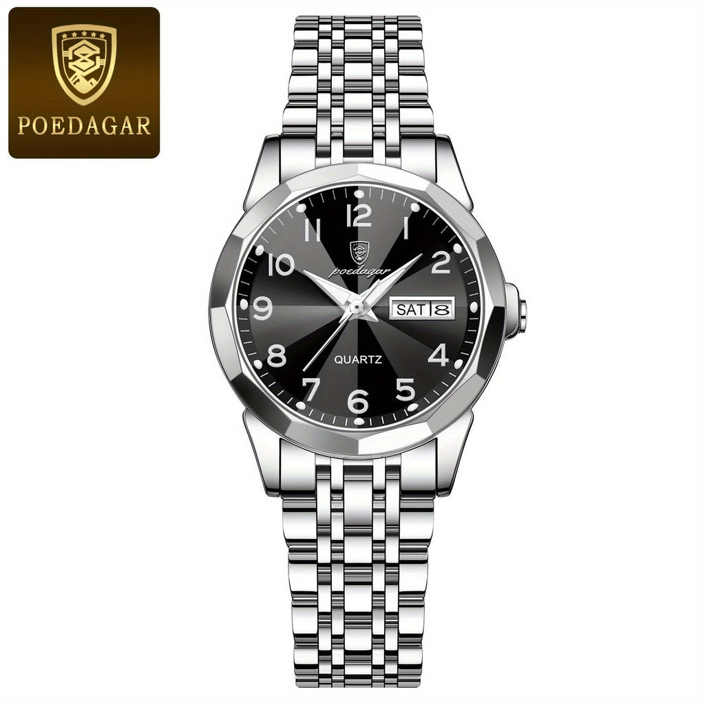 POEDAGAR Silver-Tone Bracelet Women's Watch with Black Analog Dial and Polished Link Band Design