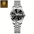 POEDAGAR Silver-Tone Bracelet Women's Watch with Black Analog Dial and Polished Link Band Design