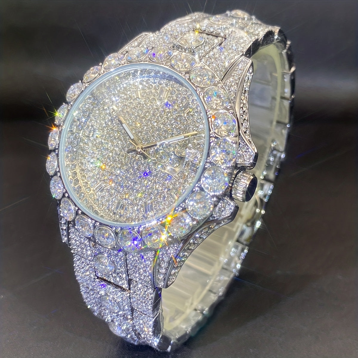 Men's Watch Rhinestone-Set Quartz Analog Calendar Dial with 42mm Case in Silver- or Gold-Tone Finish