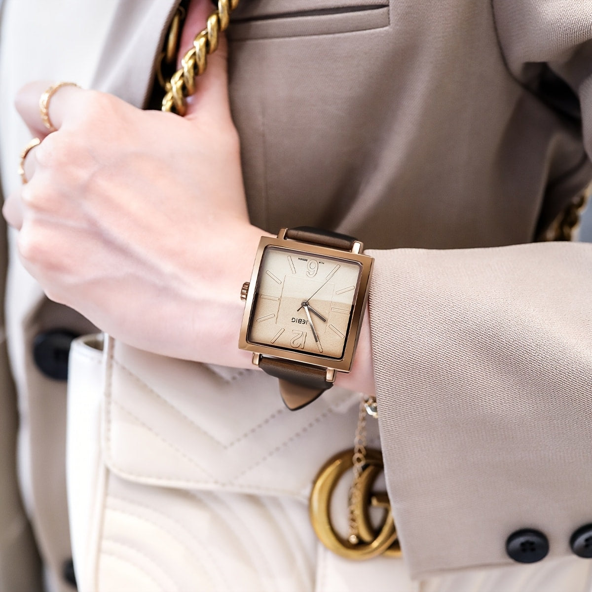 Women's Watch Elegant Square Coffee-Gold Analog with Lightweight Bracelet for Classic Dress Styling