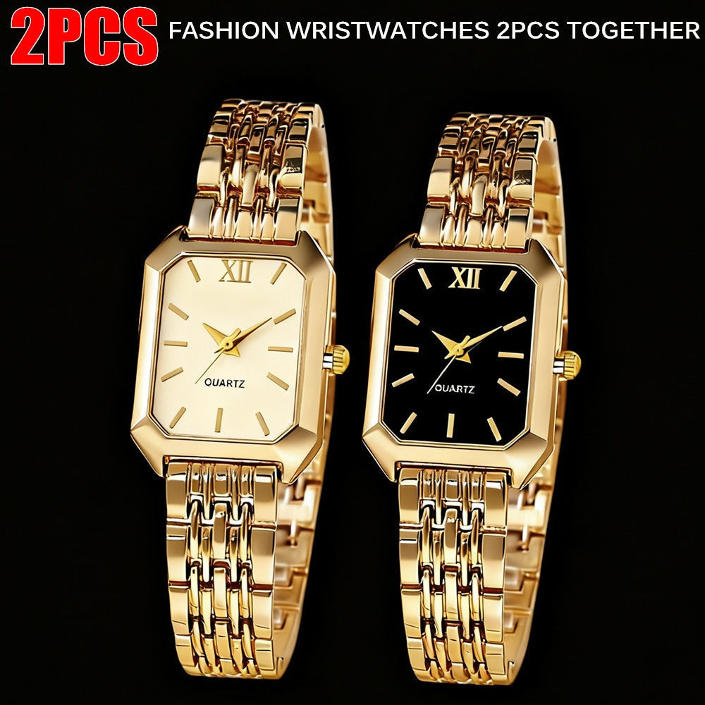 Women's Quartz Watch - Set 2pcs Elegant Golden Tone Stainless Steel Analog Wristwatch Rectangular - product detail view 3